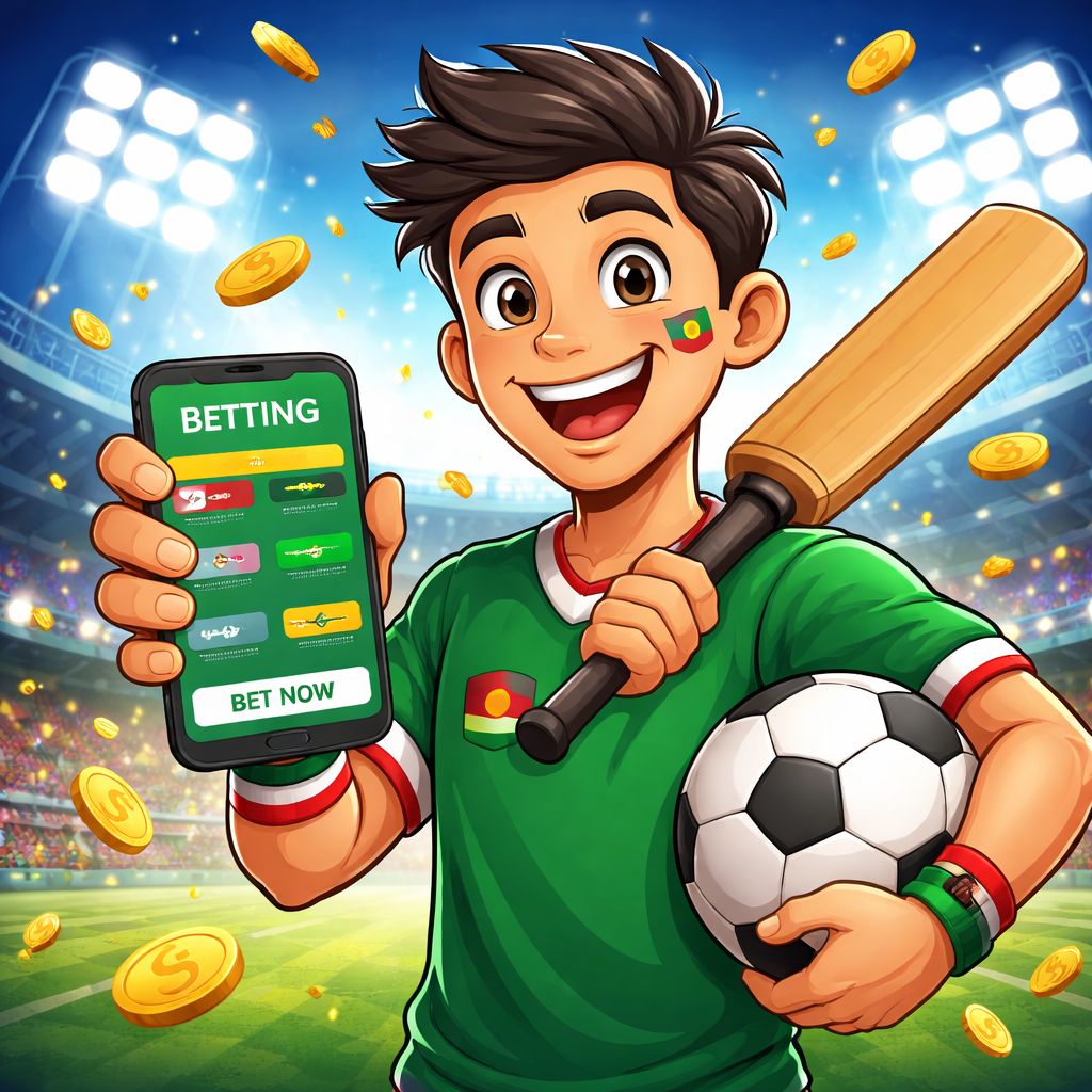 Cartoon Bangladeshi sports fan using a phone for 444TK Bet with cricket ball, football, and coins