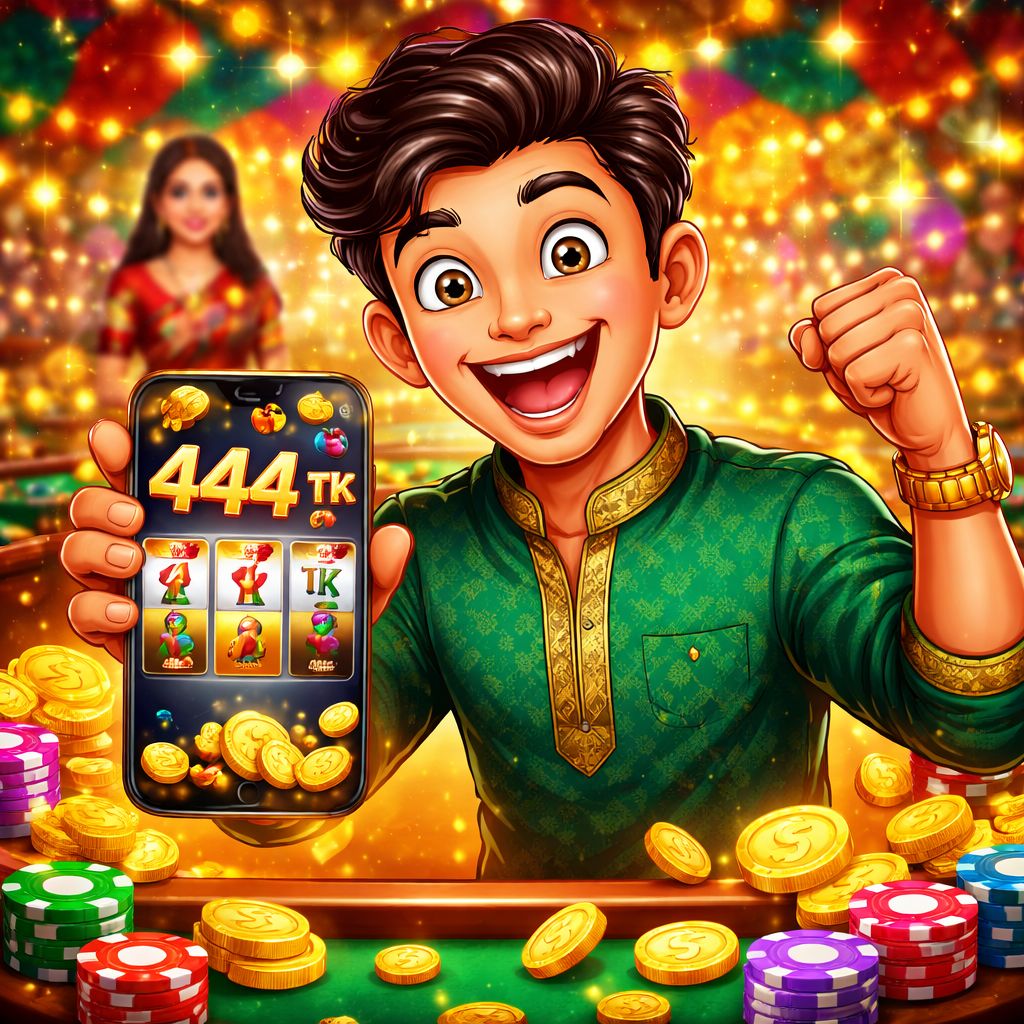 Cartoon 444TK casino player holding a phone with slots, chips, and coins in a Bangladesh-inspired gaming scene