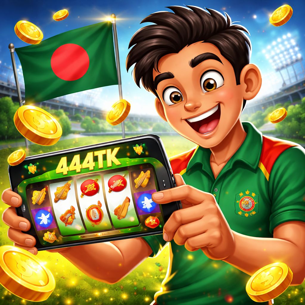 444TK cartoon casino player holding a phone with coins and game icons
