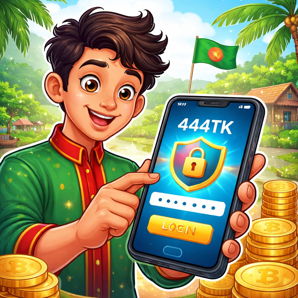 444TK cartoon character holding a smartphone with secure login screen and coins