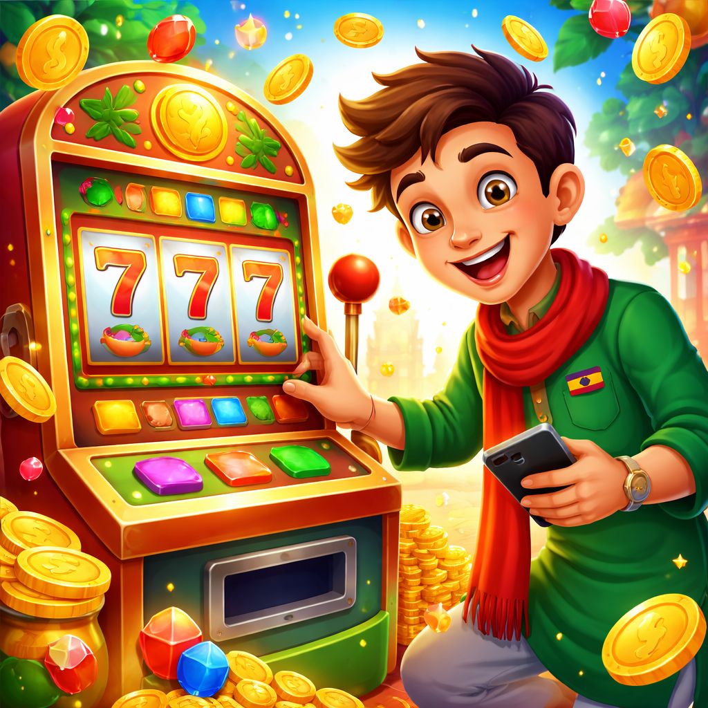 444TK Slots cartoon character celebrating a slot machine win with coins